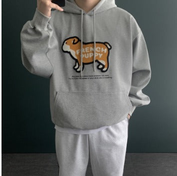 French Puppy Embroidered Fleece-Lined Hoodie