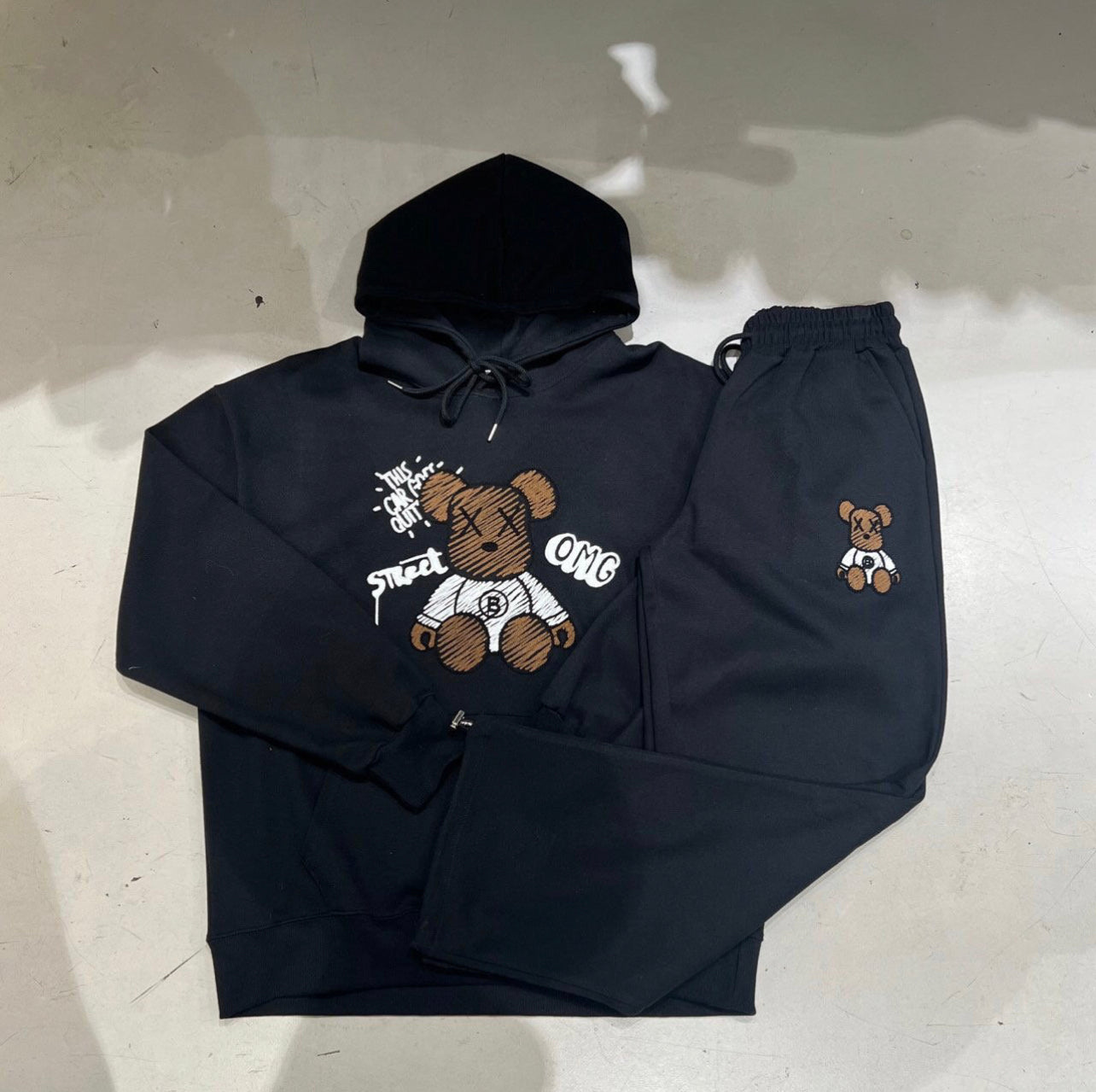 Fleece Bearbrick Handle Embroidery Hoodie Set